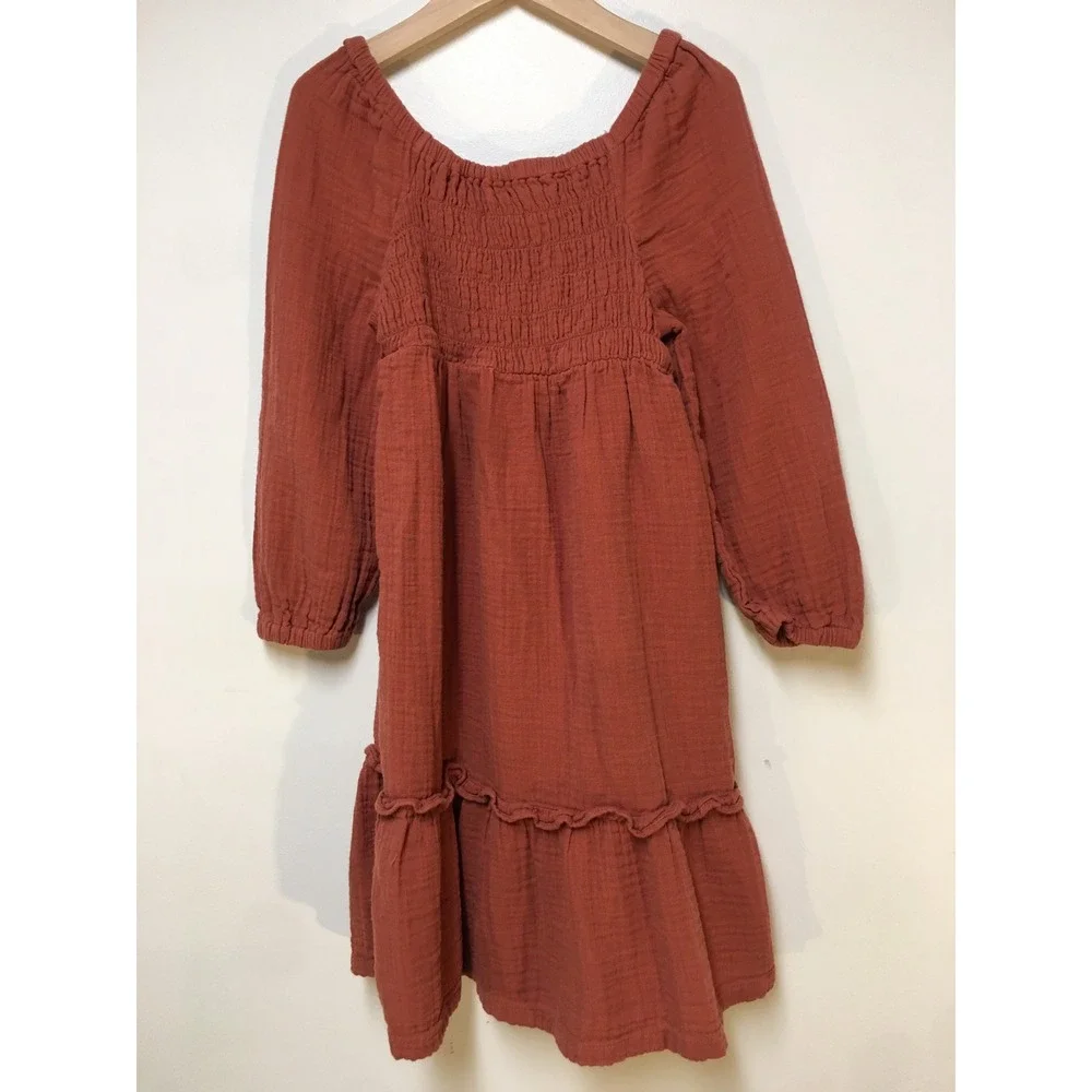 Old Navy Babydoll Dress Kids Size M 8 Molten Copper Smocked Long Sleeve Gauze